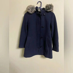 Banana Republic Wool Jacket Pea Coat Mario Bellucci Size XXS Petite Navy Fur Zip